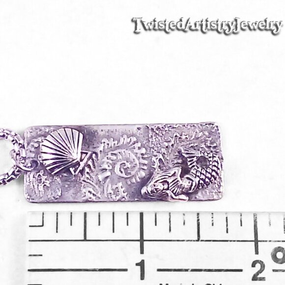 Mermaid, Sea Shell and Waves Seascape Rectangle Pendant Necklace - Picture 6 of 6